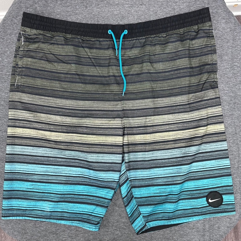 Nike Striped Swim Beach Surf Pool Black BlueTrunks Tall Swimsuit Shorts XXL